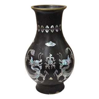 Vintage Metal Black Paint Mother of Pearl Double Dragon Art Vase For Sale