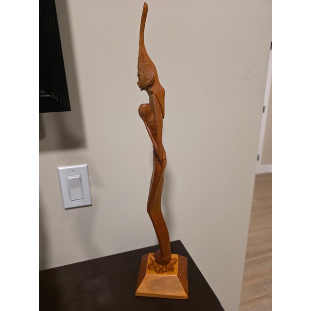 Large 22" Mid-Century Balinese Art Deco Elongated Maiden With Water Vessel Masterwork Sculpture For Sale - Image 4 of 12