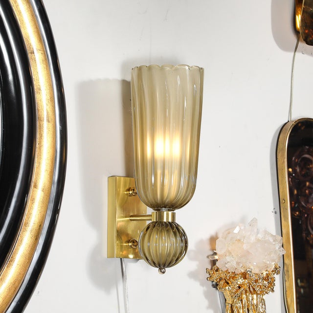 Metal Pair of Modernist Hand-Blown Murano Fluted Glass Sconces in Frosted Smoked Topaz For Sale - Image 7 of 18