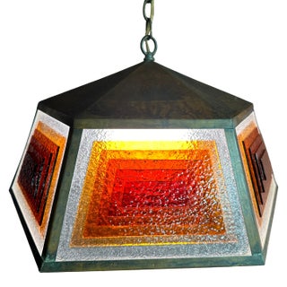 1970s Copper and Stained Glass Light Fixture in the Manner of Frank Lloyd Wright For Sale