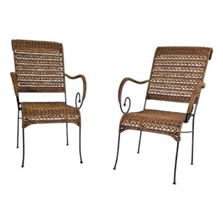 Wrought Iron and Rattan Armchairs, 1970s, Set of 2 For Sale