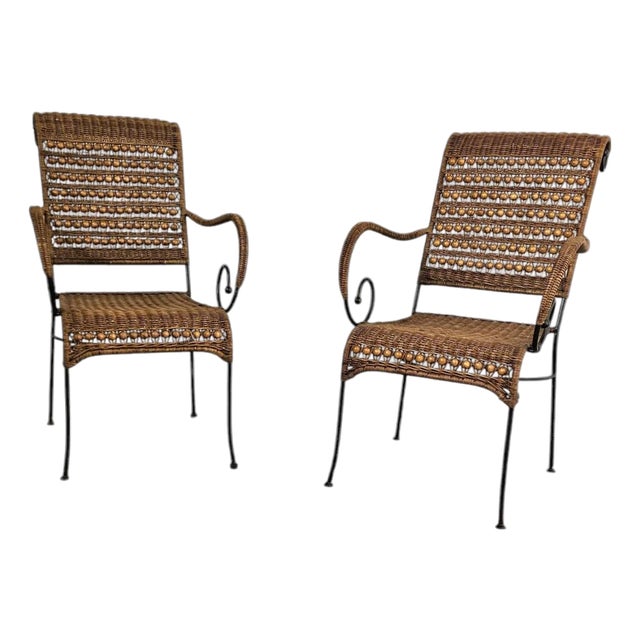 Wrought Iron and Rattan Armchairs, 1970s, Set of 2 For Sale