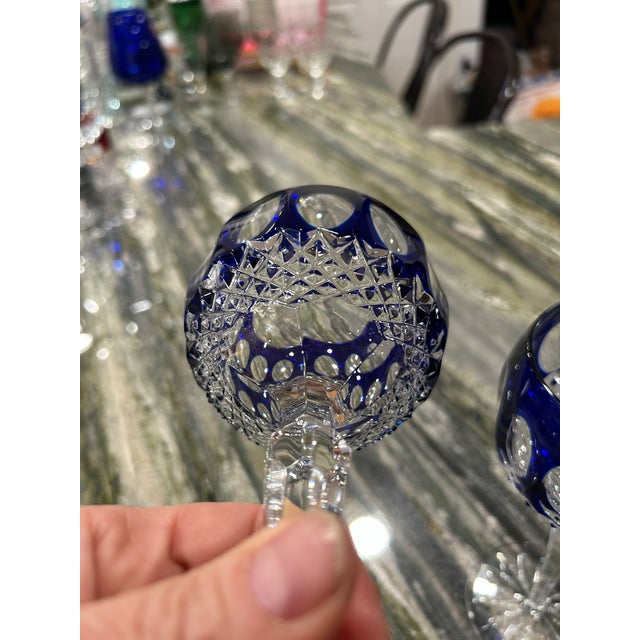 Royal Blue 1980s Pair of Cobalt Blue and Clear Cut Crystal Godinger Edinburgh Hock Wine Glasses For Sale - Image 8 of 11