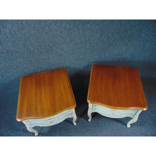 Blue Louis XV Style Cherry Paint Distressed Side Tables - a Pair For Sale - Image 8 of 10