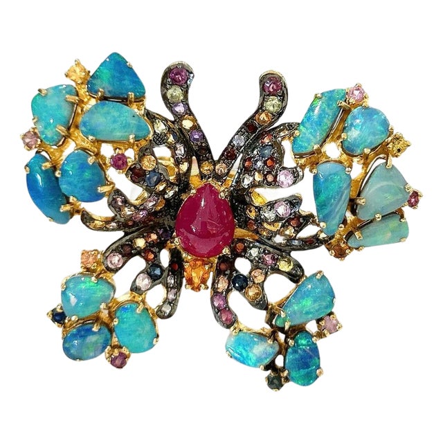 Bochic "Orient" Opal, Multi Sapphires & Ruby Ring Set In 18K Gold & Silver For Sale