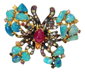 Bochic "Orient" Opal, Multi Sapphires & Ruby Ring Set In 18K Gold & Silver