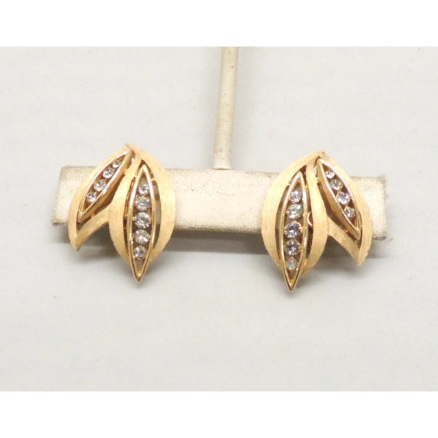 Metal Vintage 1960s Signed Crown Trifari Swarovski Rhinestone Leaves Clip Earrings - 2 Pieces For Sale - Image 7 of 8