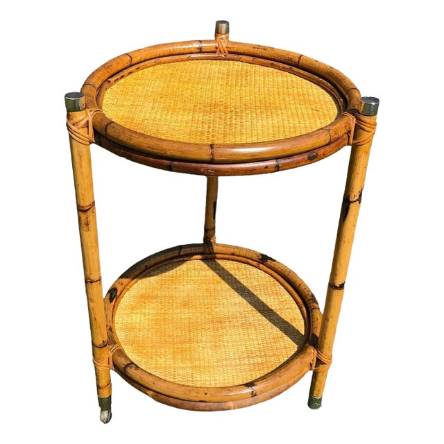Vintage Circular Rattan Bar Cart For Sale
