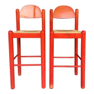 1960s Mid-Century Modern Cassina Style Red Cane Seat Bar Stools - a Pair For Sale