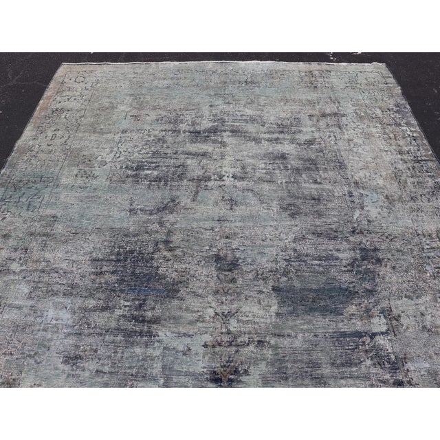 Mid 20th Century Distressed Vintage Persian Rug With Abstract Design in Blue, Green & Gray & White For Sale - Image 5 of 17