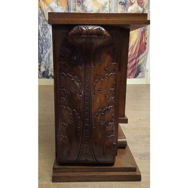 Art Deco Sideboard in Walnut and Leather on Architectural Base with Scrolls, 1930s For Sale - Image 3 of 4