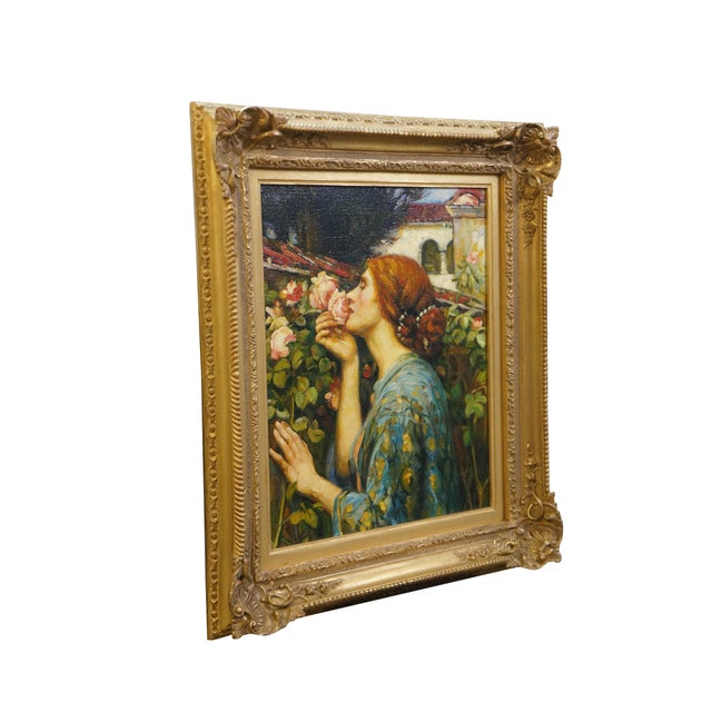 Vintage oil painting on burlap titled, The Soul of the Rose, after the famous painting by John William Waterhouse. The...