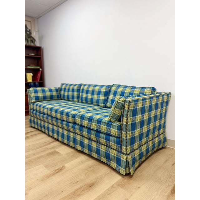 Mid 20th Century Vintage MCM Retro Plaid Sofa in Electric Blue and Green With Nailhead Trim For Sale - Image 5 of 13