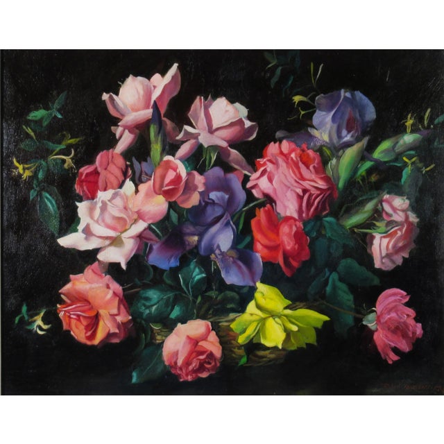 This artwork titled "Flowers Basket" c.1970 is a oil painting on hardboard by noted artist Paul Longenecker, 1920-2008. It...