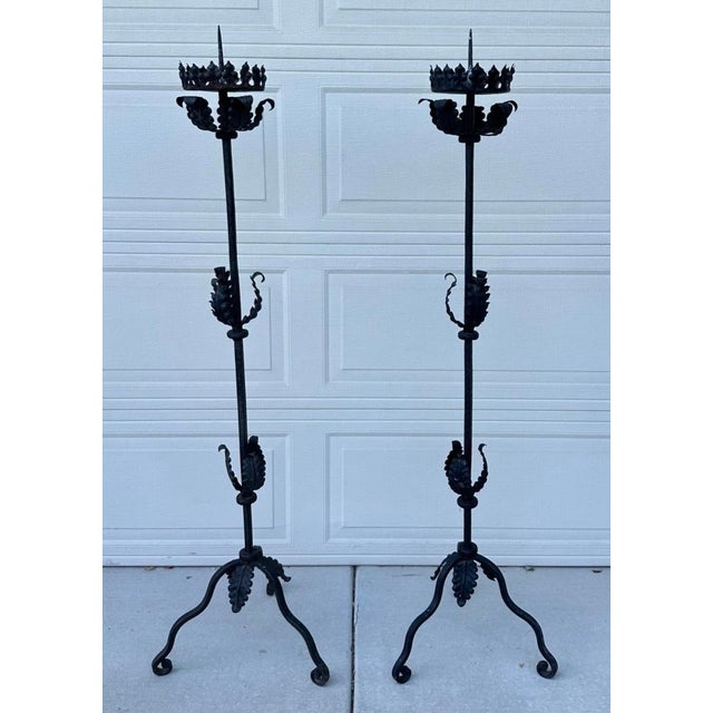 Mid 20th Century Spanish Forged Iron Floor Candlesticks, Torchieres 5 Ft Tall - Pair For Sale - Image 13 of 16