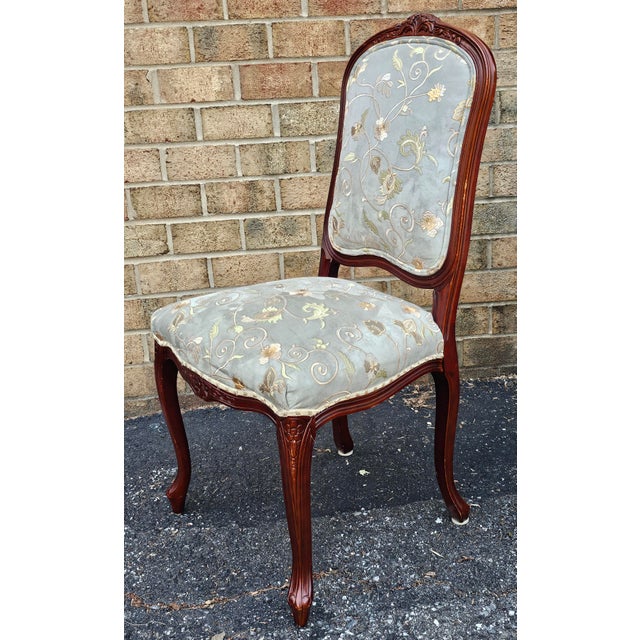 Set of 4 Provincial Fruitwood and Embroidered Ultrasuede Upholstery Side Chairs For Sale - Image 9 of 10