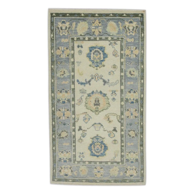 Modern Turkish Oushak Rug Blue Green Floral Handwoven Rug 2'10" X 5'1" For Sale - Image 3 of 6