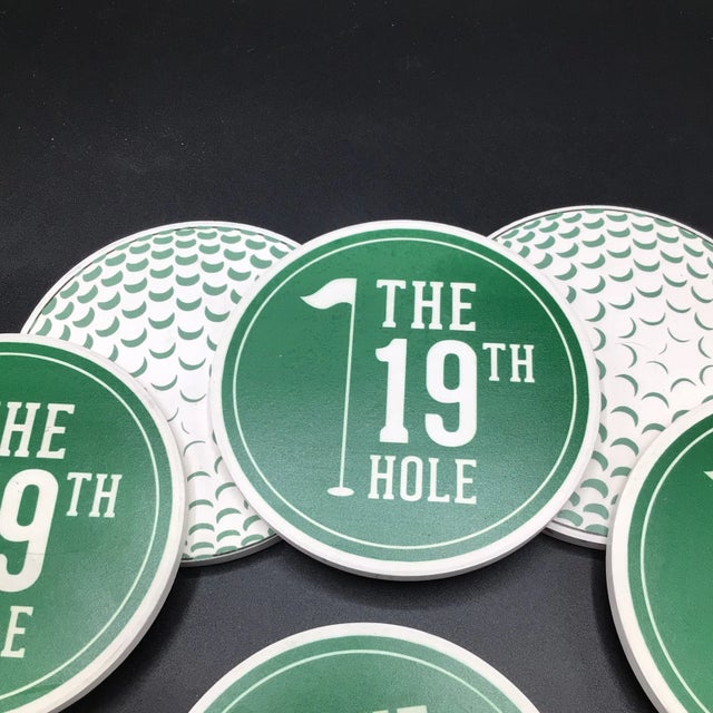 1980s Set of Vintage Buxton 19th Hole Ceramic Cork Bottom Drink Coasters-Set of 8 For Sale - Image 5 of 12