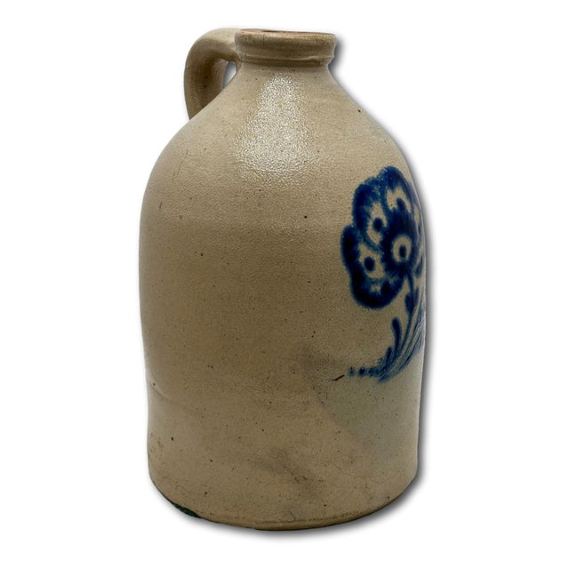 Outstanding Mid 1800s Antique American Blue Flower Decorated Stoneware 1 Gallon Jug in Excellent Condition. For Sale - Image 9 of 18