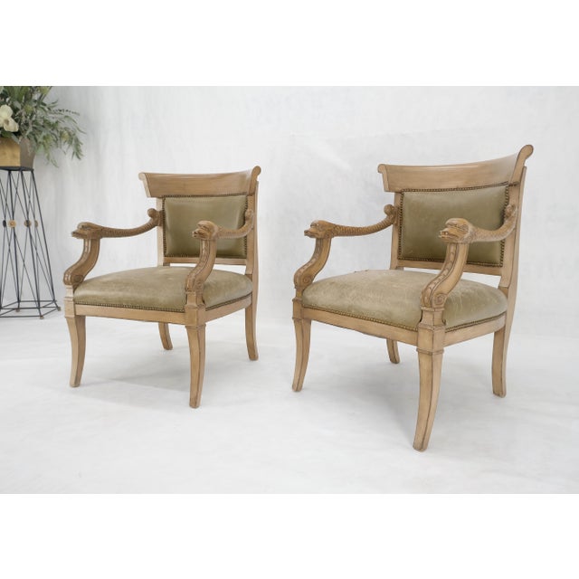 Carved Dolphins Shape Arms Rounded Back Lounge Chairs Leather Upholstery AS IS For Sale - Image 6 of 18