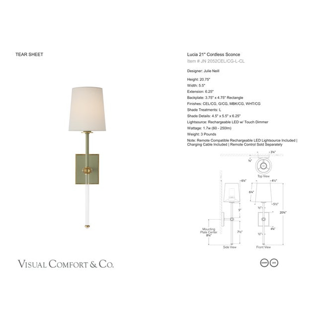 2020s Julie Neill for Visual Comfort Signature Lucia 21" Cordless Sconce in Celadon and Crystal with Linen Shade For Sale - Image 5 of 14