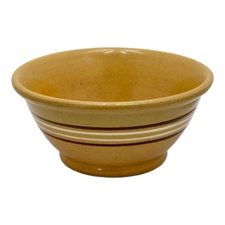 Nice Antique Thick & Heavy 9.25 Inch Brown & White Banded Yellow Ware Kitchen Batter Mixing Bowl Late 1800s For Sale