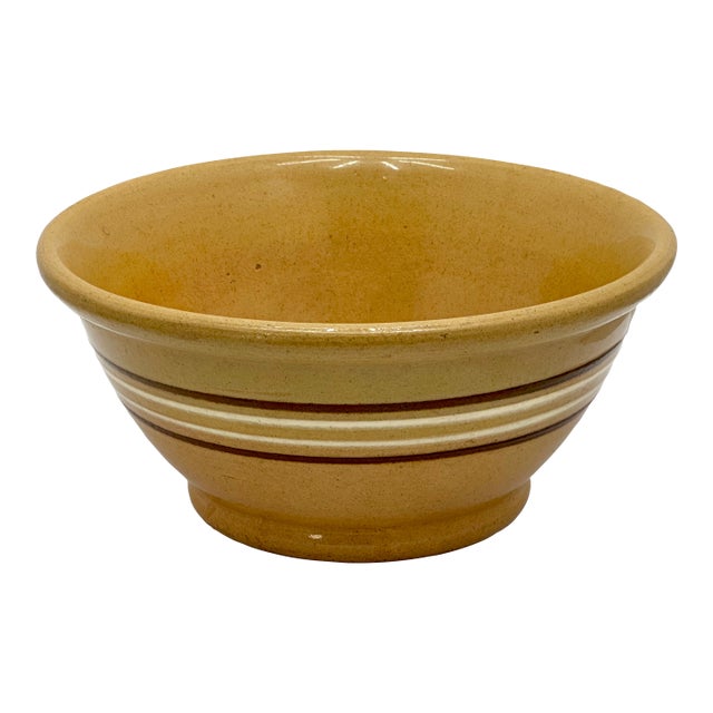 Nice Antique Thick & Heavy 9.25 Inch Brown & White Banded Yellow Ware Kitchen Batter Mixing Bowl Late 1800s For Sale