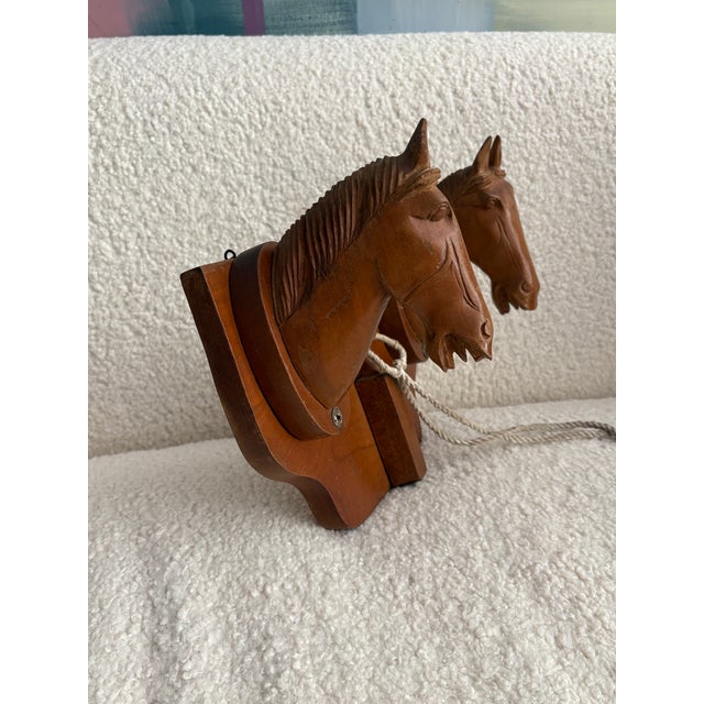 Wood Vintage Hand-Carved Wooden Double Horse Head Wall Rack For Sale - Image 7 of 10