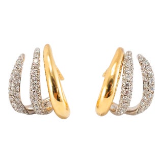 Kwiat Orbit 18k Yellow & White Gold Pave Diamond Two Tone Hoop Huggie Earrings, A Pair For Sale