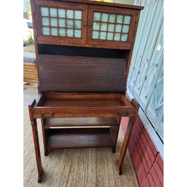 Sienna Antique Mission Style Wood Secretary Desk Hutch Stained Glass For Sale - Image 8 of 12