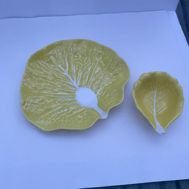 Mediterranean Vintage Yellow Cabbage Majolica Chip and Dip Platter- 2 Pieces For Sale - Image 3 of 6