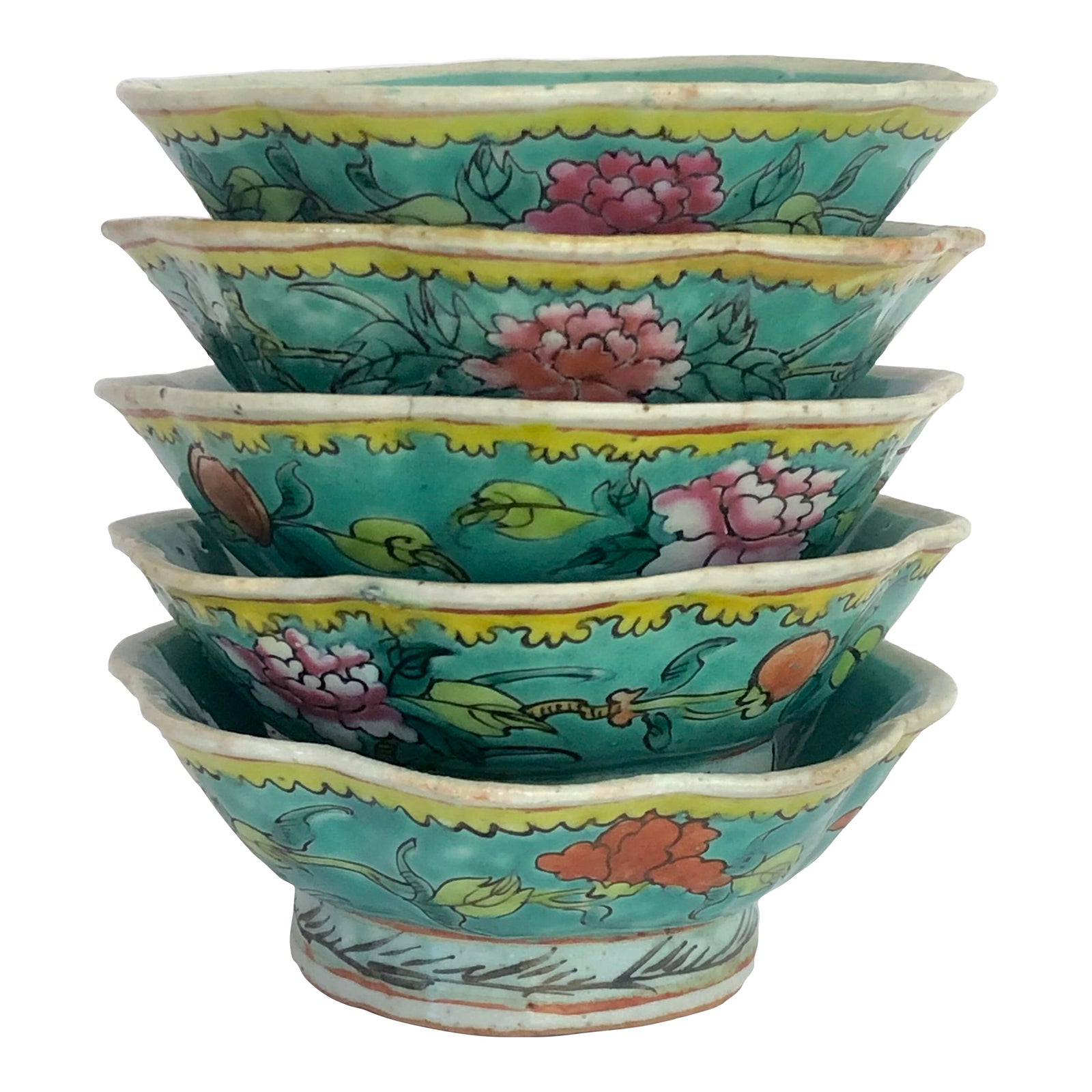 Export Chinese Scalloped Peony Rice Bowls, Set of 5 | Chairish