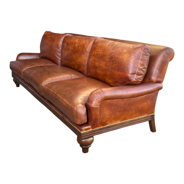 Wood 1970s English Traditional Light Brown Leather Sofa With Nail Head Trim & Carved 6-Leg Base For Sale - Image 7 of 16