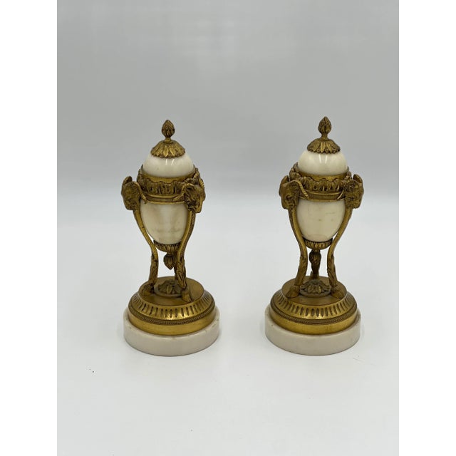 Pair, Louis Xvi Style French Gilt Bronze & White Marble Rams Head Cassolettes For Sale - Image 10 of 10