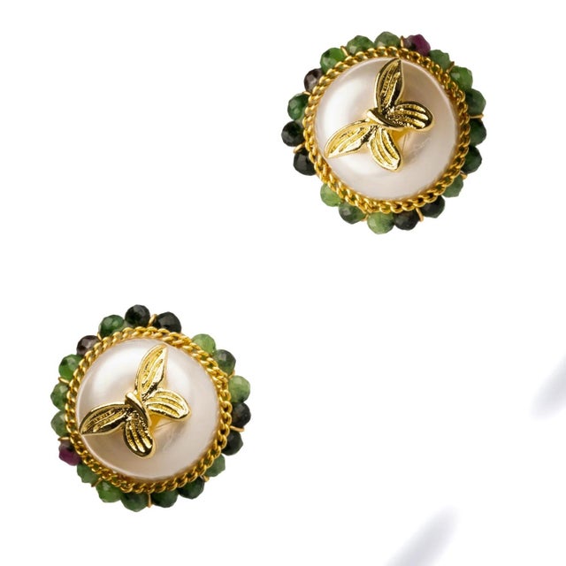 Early 21st Century Jade Halo Pearl & Gold Butterfly Stud Earrings, A Pair For Sale - Image 5 of 7