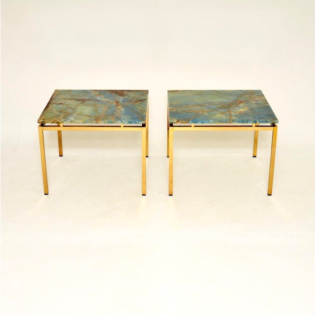 An extremely stylish and beautifully made pair of vintage Italian brass and marble side tables, dating from the 1970’s....