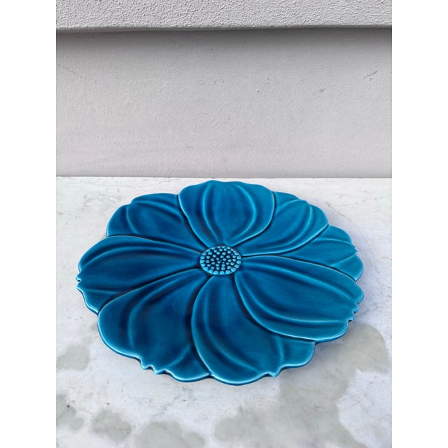 Large French Mid-Century Blue Flower Platter signed Charolles. 11.3 inches diameter.