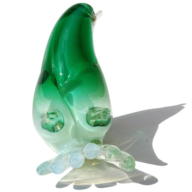 Glass Murano Sommerso Emerald Green White Opal Body Gold Flecks Accents Italian Art Glass Vintage Bird Figurine For Sale - Image 7 of 8