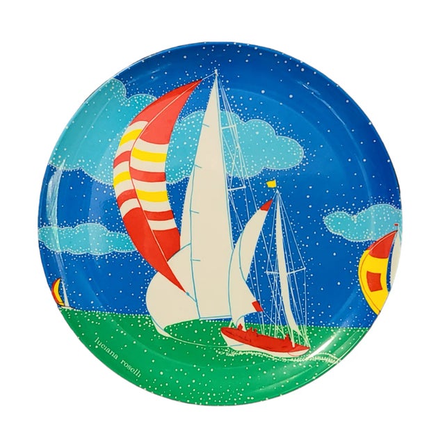 Blue Late 20th Century Vintage Italian "Luciana Roselli" Colorful Melamine Platter Nautical Sailing Ship For Sale - Image 8 of 8