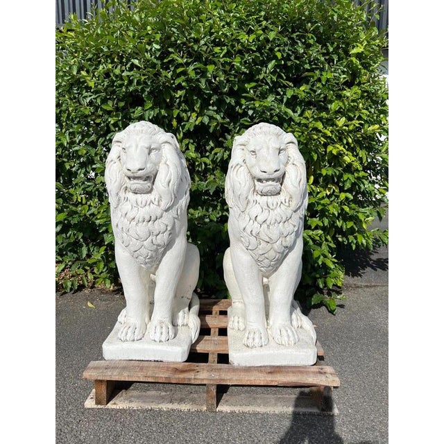 Stone Classical Seated Lion Garden Statues in White Cast Stone, Set of 2 For Sale - Image 7 of 13