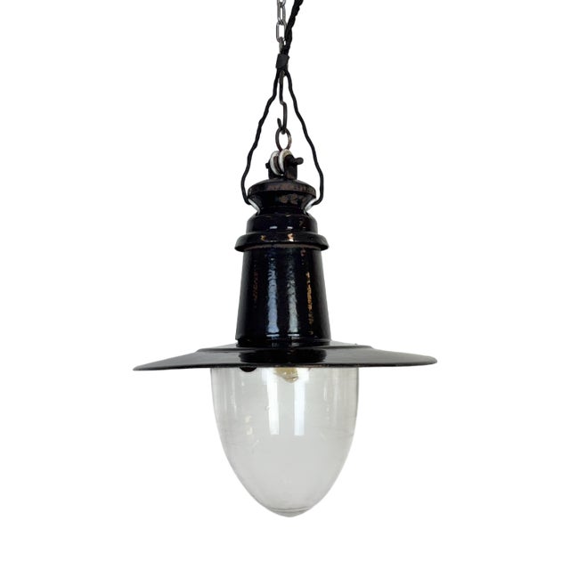 Industrial German Black Enamel Pendant Lamp with Glass Cover, 1930s For Sale