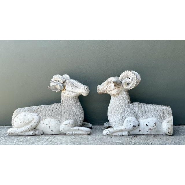 Late 20th Century Vintage Monumental Distressed Hand Carved Rams - A Pair For Sale - Image 5 of 13