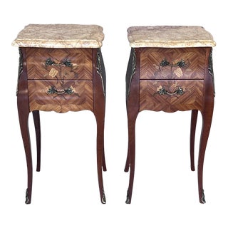 Antique Louis XV French Marquetry Marble Top Nightstands, Set of 2 For Sale