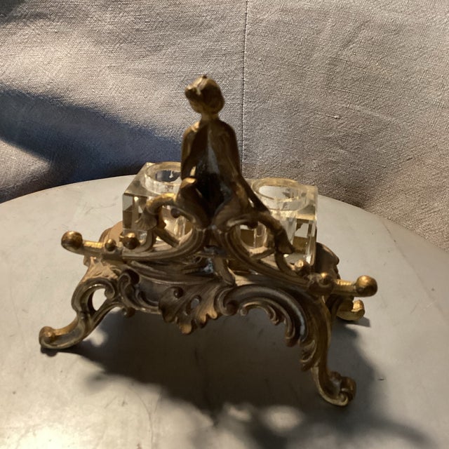 1920s Art Nouveau Double Ink Well Stand With 2 Glass Inserts | Chairish
