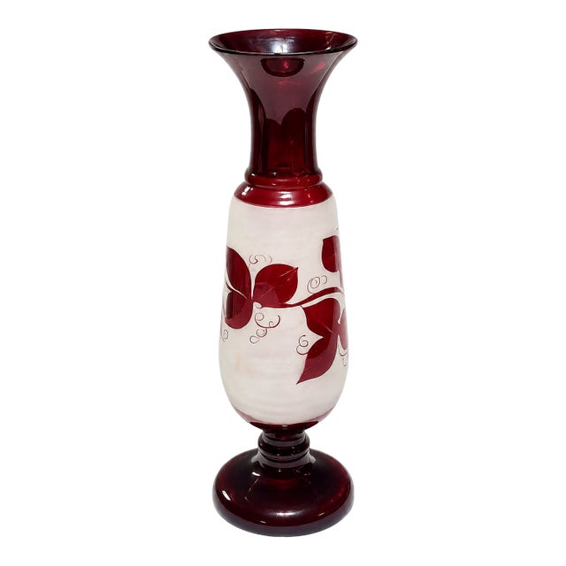 Antique Victorian Cranberry Ruby Art Glass Hand-Painted Cabinet Vase, Circa 1900 For Sale