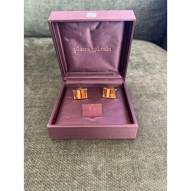 Metal Vintage Balmain "Circa 1980s" Tiger Eye Cufflinks Original Purple Satin Case For Sale - Image 7 of 18