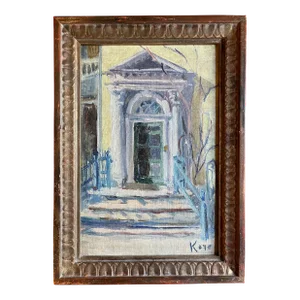 1930's English Architectural Impressionist Winter Snow Scene Oil Painting on Canvas of a Georgian Door