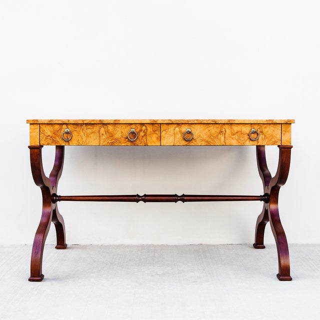 Baker Furniture Company Restored Burl & Brass Vintage Regency Writing Desk by Baker For Sale - Image 4 of 15