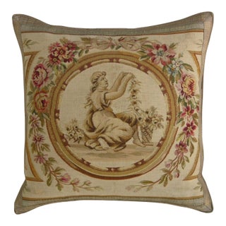 18th Century French Aubusson Figural Tapestry Pillow With Floral Medallion For Sale