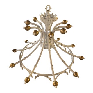 Palm Beach Regency White Gold Ball Pagoda Crown Faux Bamboo Single Light Ceiling Chandelier For Sale